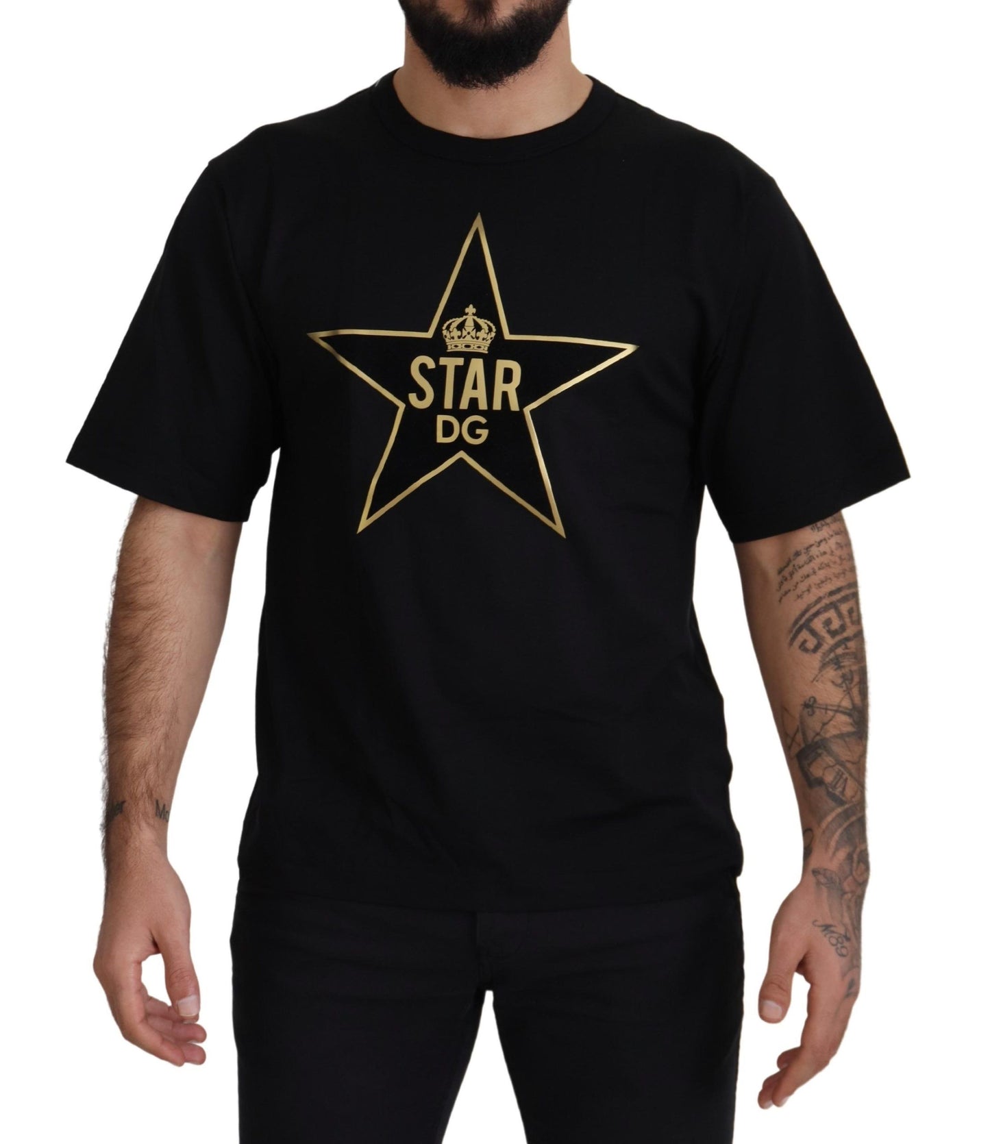 تي شيرت Dolce &amp; Gabbana أسود ذهبي STAR Crown DG قطني برقبة دائرية