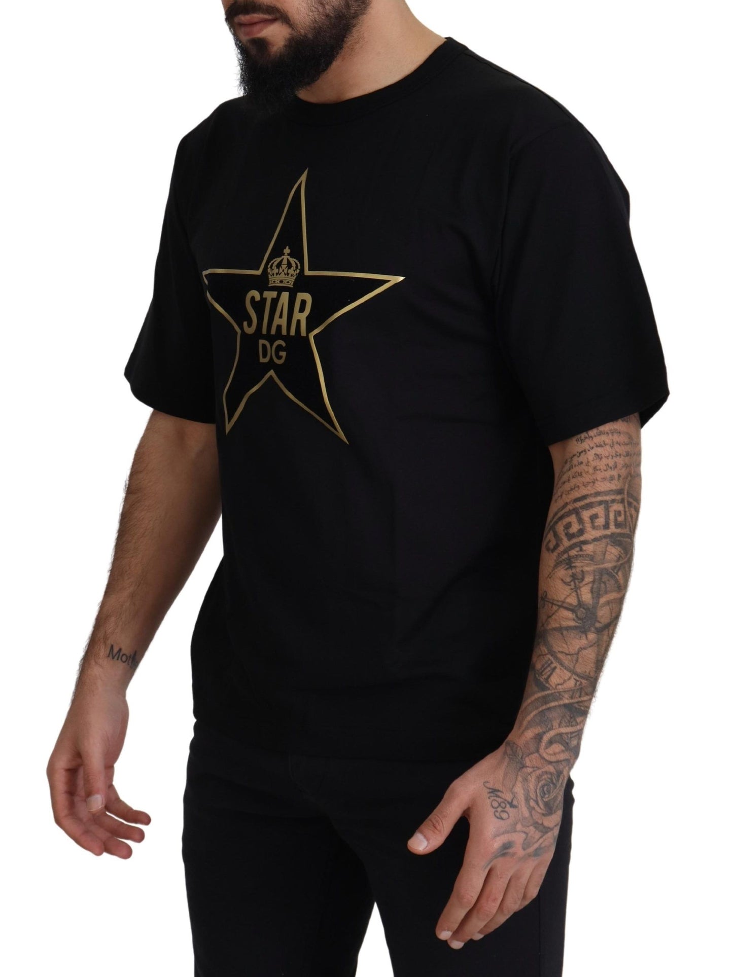 تي شيرت Dolce &amp; Gabbana أسود ذهبي STAR Crown DG قطني برقبة دائرية