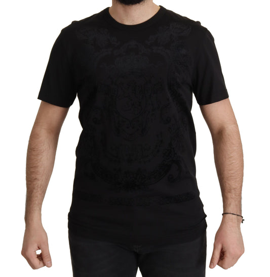 Dolce &amp; Gabbana Schwarzes T-Shirt aus Baumwolle mit Rundhalsausschnitt im DG Baroque-Stil