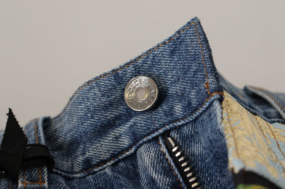 Dolce &amp; Gabbana Blue Jeans Jacquard Majolica High Waist Hose