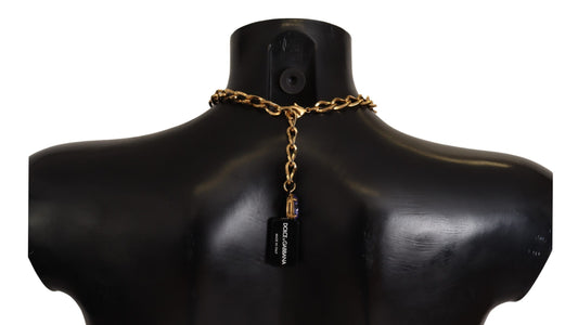 Dolce &amp; Gabbana Halskette mit Anhängern aus goldenem Messing mit Kristallen, lila und rosa Perlen