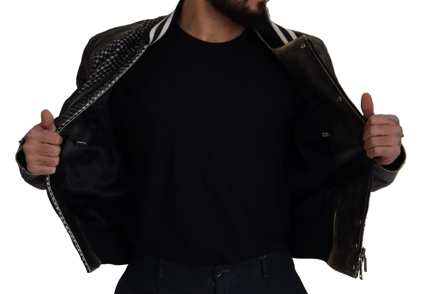 Dolce &amp; Gabbana – Schwarze Bomberjacke aus Polyester mit Hahnentrittmuster