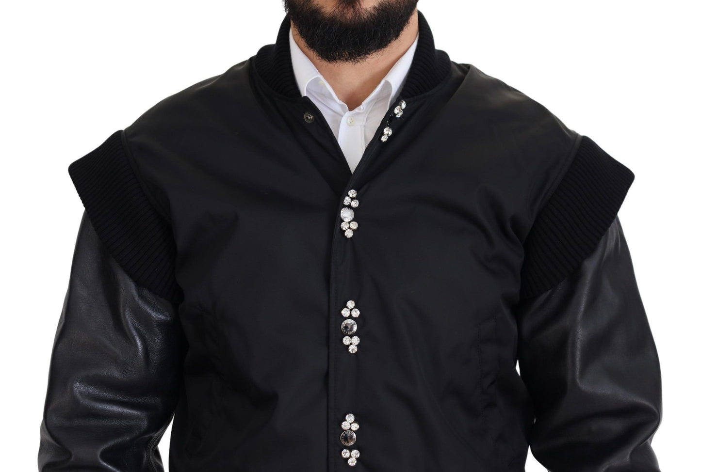 Dolce &amp; Gabbana Schwarze Nylon-Kristallmantel-Knöpfe-Jacke
