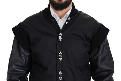 Dolce &amp; Gabbana Schwarze Nylon-Kristallmantel-Knöpfe-Jacke