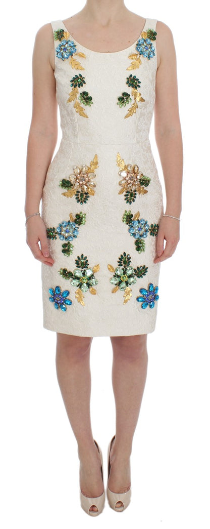 Dolce &amp; Gabbana – Etuikleid aus weißem Brokat mit Kristallen
