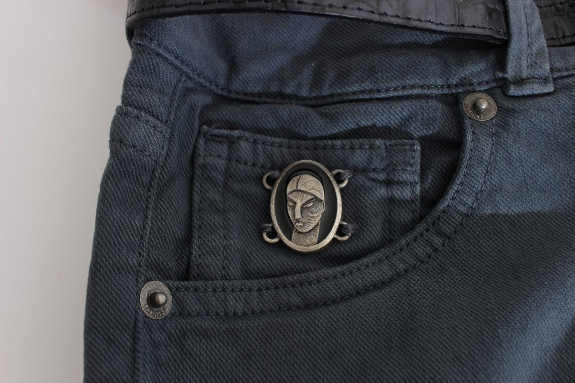 John Galliano – Blaue Slim Fit-Jeans aus Baumwollmischung mit hoher Taille