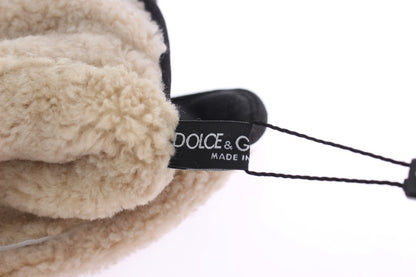 Dolce &amp; Gabbana – Graue Woll-Shearling-Handschuhe mit grünem Leopardenmuster und Nieten
