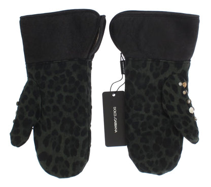 Dolce &amp; Gabbana – Graue Woll-Shearling-Handschuhe mit grünem Leopardenmuster und Nieten