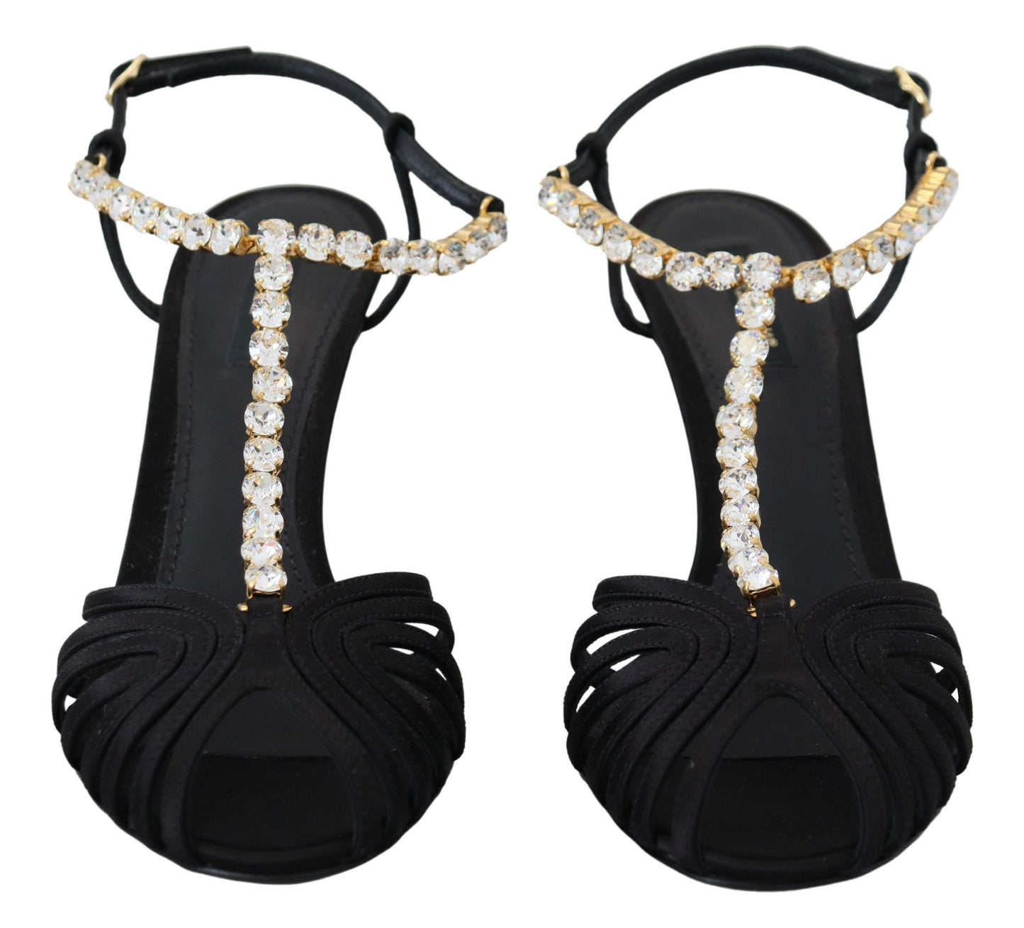 Dolce &amp; Gabbana – Sandalen mit T-Riemen aus schwarzem Satin und durchsichtigem Kristall