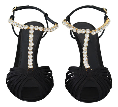 Dolce &amp; Gabbana – Sandalen mit T-Riemen aus schwarzem Satin und durchsichtigem Kristall