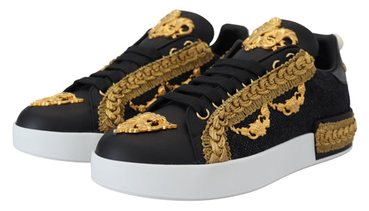 Dolce &amp; Gabbana Schwarz Gold Baroque Portofino Leder Sneakers Schuhe