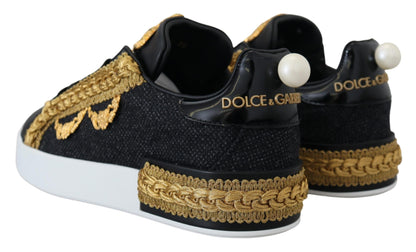 Dolce &amp; Gabbana Schwarz Gold Baroque Portofino Leder Sneakers Schuhe