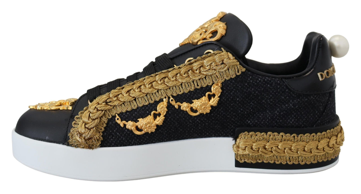Dolce &amp; Gabbana Schwarz Gold Baroque Portofino Leder Sneakers Schuhe
