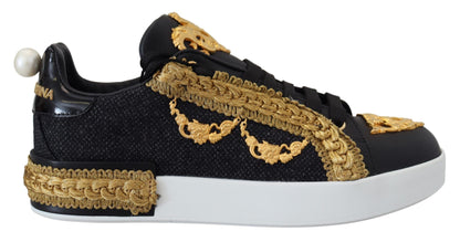 Dolce &amp; Gabbana Schwarz Gold Baroque Portofino Leder Sneakers Schuhe