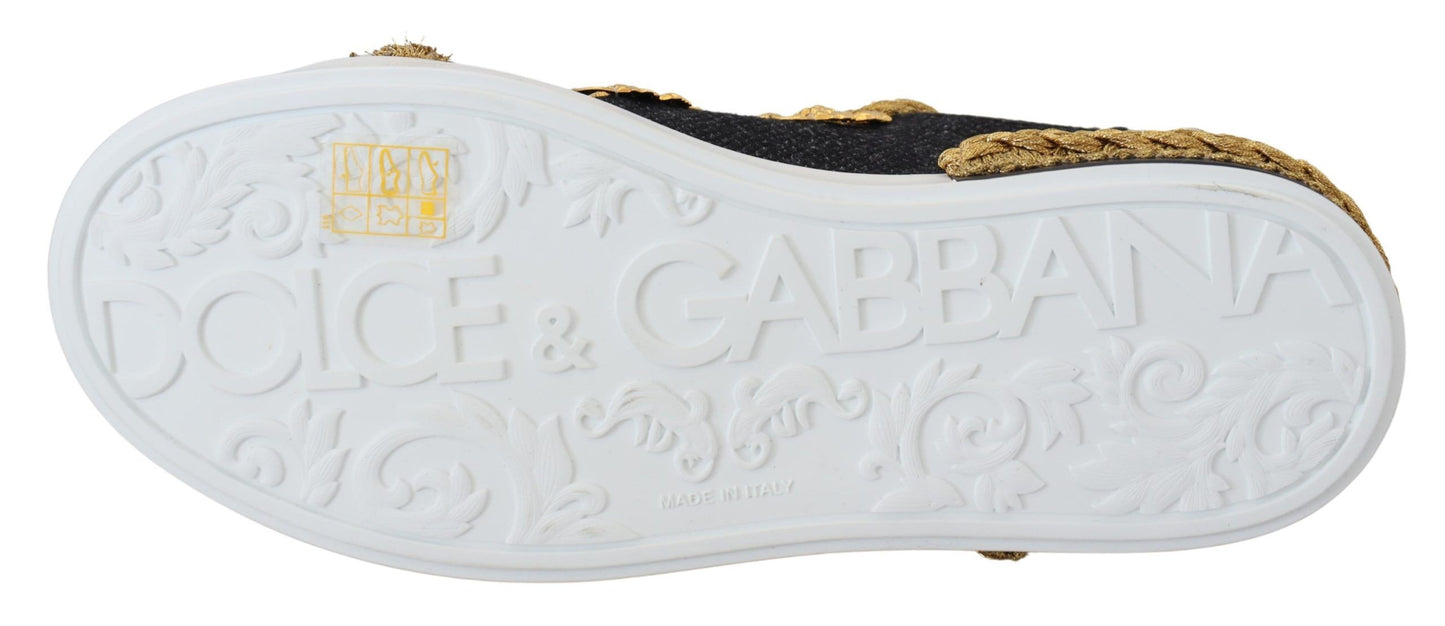 Dolce &amp; Gabbana Schwarz Gold Baroque Portofino Leder Sneakers Schuhe