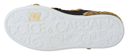 Dolce &amp; Gabbana Schwarz Gold Baroque Portofino Leder Sneakers Schuhe