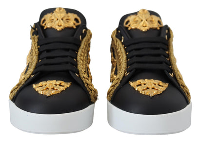 Dolce &amp; Gabbana Schwarz Gold Baroque Portofino Leder Sneakers Schuhe