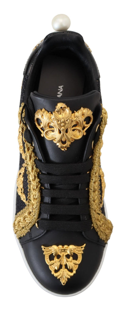 Dolce &amp; Gabbana Schwarz Gold Baroque Portofino Leder Sneakers Schuhe