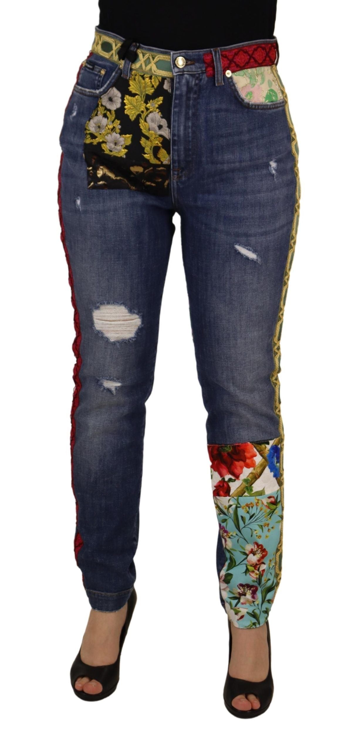 Dolce &amp; Gabbana Blaue Patchwork-Jeans mit hoher Taille