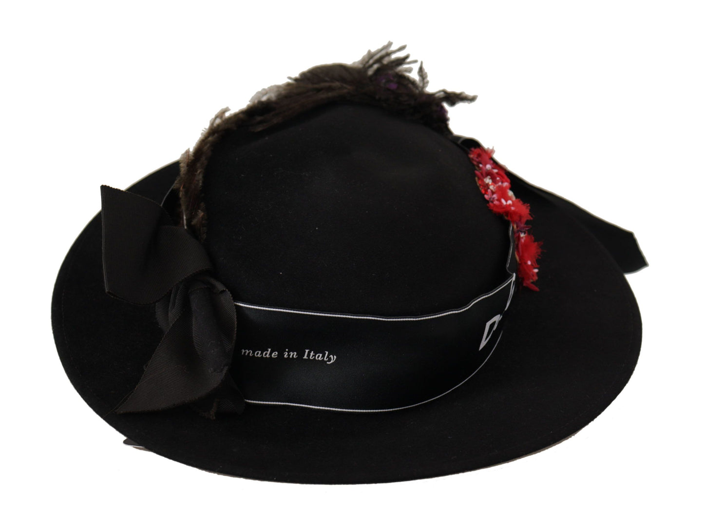 Dolce &amp; Gabbana – Schwarzer Fedora-Hut mit Lapil-Kristallherz-Federbrosche