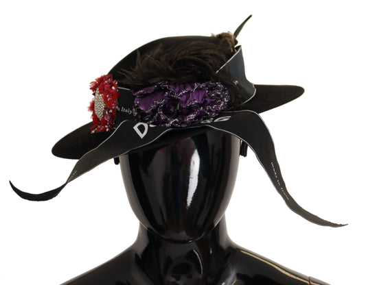 Dolce &amp; Gabbana – Schwarzer Fedora-Hut mit Lapil-Kristallherz-Federbrosche