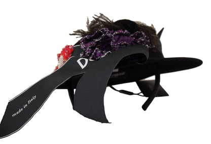 Dolce &amp; Gabbana – Schwarzer Fedora-Hut mit Lapil-Kristallherz-Federbrosche