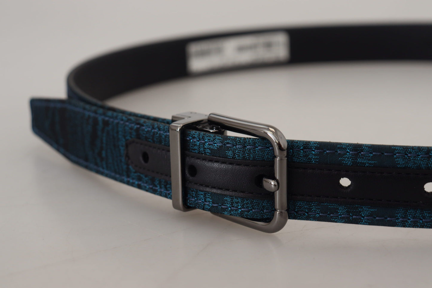 Dolce &amp; Gabbana Blauer Jacquard-Moire-Gürtel aus silbernem Metall Herren