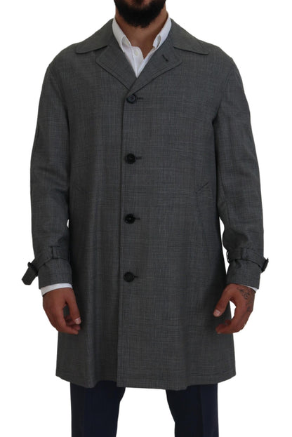 Dolce &amp; Gabbana Graue Wolle Plaid Lange Trenchcoat Jacke Trenchcoat Jacke