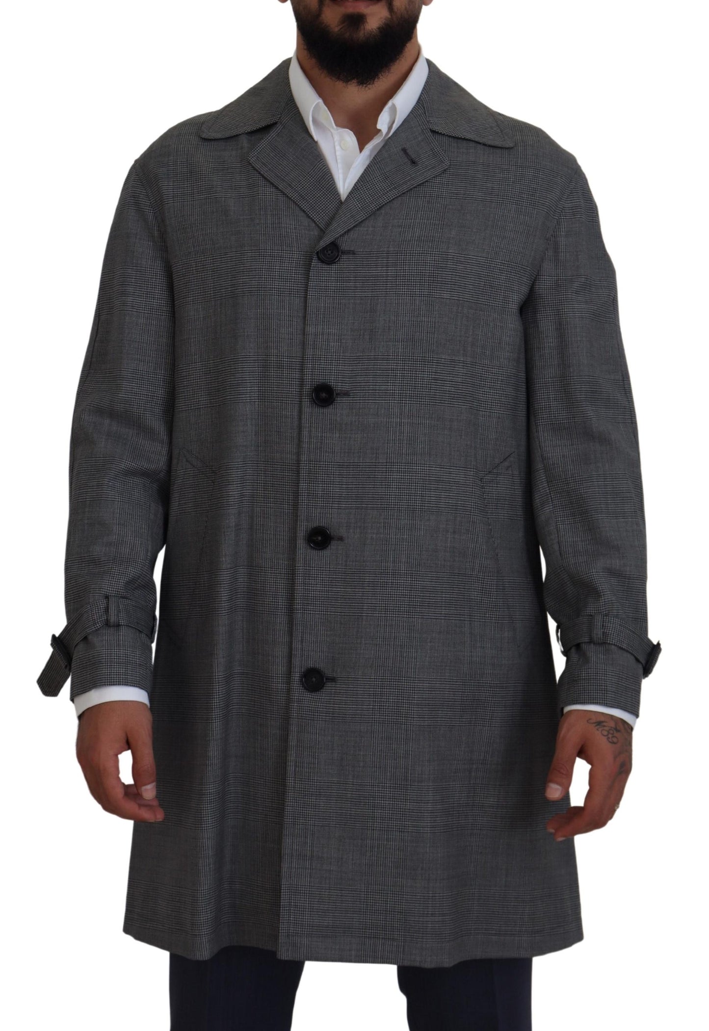 Dolce &amp; Gabbana Graue Wolle Plaid Lange Trenchcoat Jacke Trenchcoat Jacke