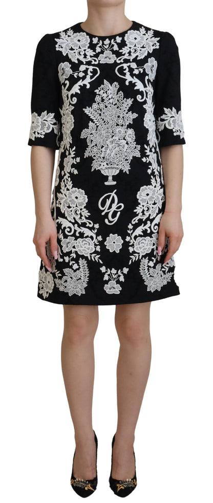Dolce &amp; Gabbana – Schwarzes A-Linien-Kleid mit halblangen Ärmeln und Spitzenbesatz