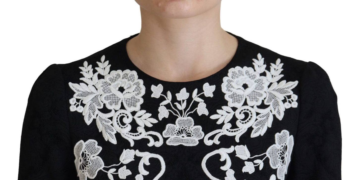 Dolce &amp; Gabbana – Schwarzes A-Linien-Kleid mit halblangen Ärmeln und Spitzenbesatz