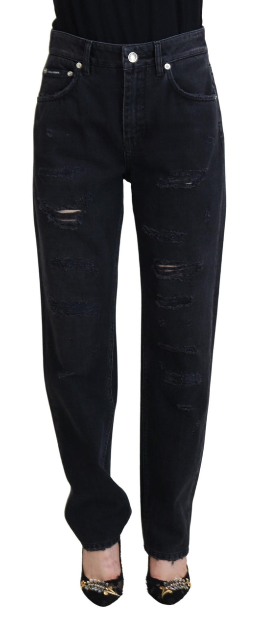 Dolce &amp; Gabbana – Zerfetzte Jeans aus schwarzer Baumwolle mit hoher Taille
