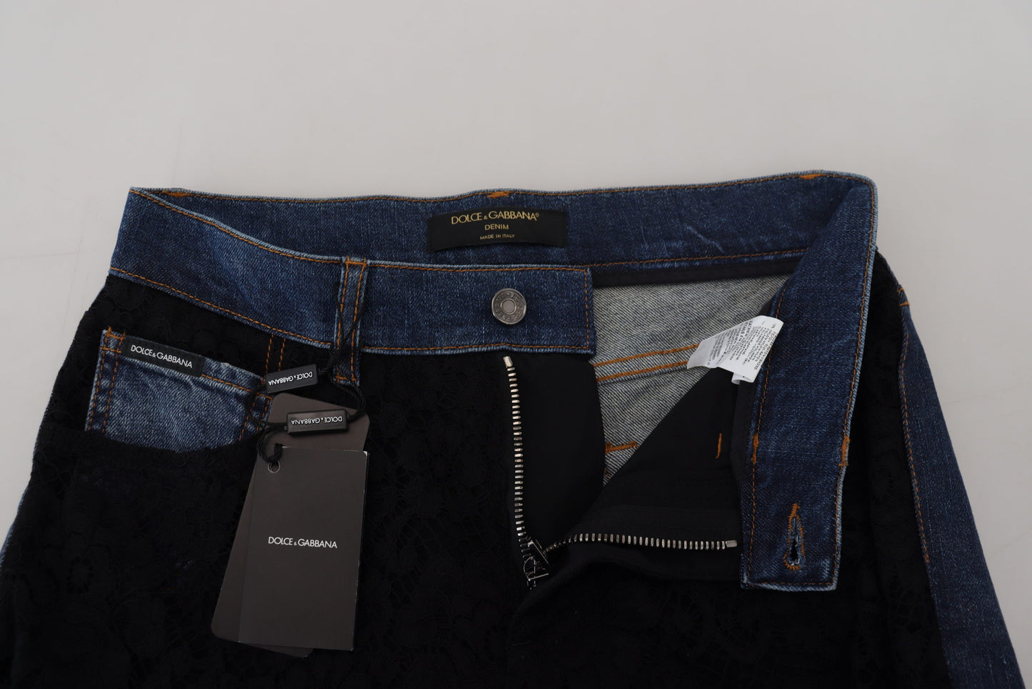 Dolce &amp; Gabbana – Schwarze Skinny-Jeans mit Blumenmuster und Spitzenfront