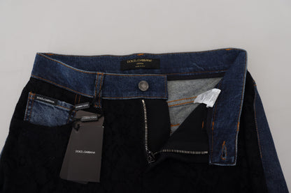 Dolce &amp; Gabbana – Schwarze Skinny-Jeans mit Blumenmuster und Spitzenfront