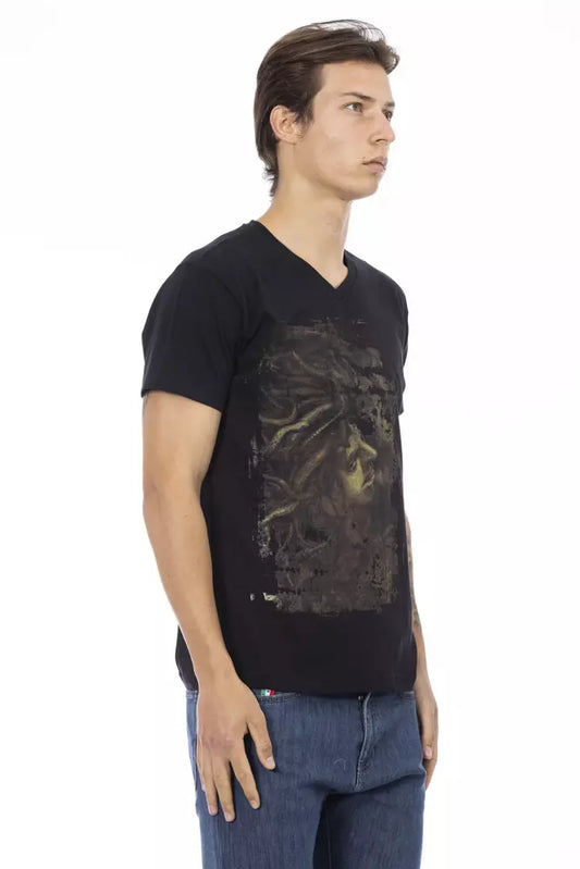 Trussardi Action Schwarzes Herren-T-Shirt aus Baumwolle mit V-Ausschnitt