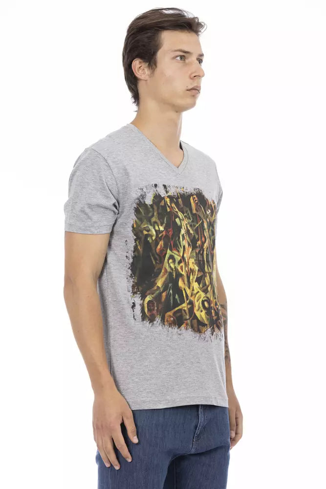 Trussardi Action Graues Herren-T-Shirt aus Baumwolle mit V-Ausschnitt