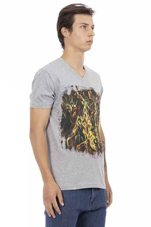 Trussardi Action Graues Herren-T-Shirt aus Baumwolle mit V-Ausschnitt