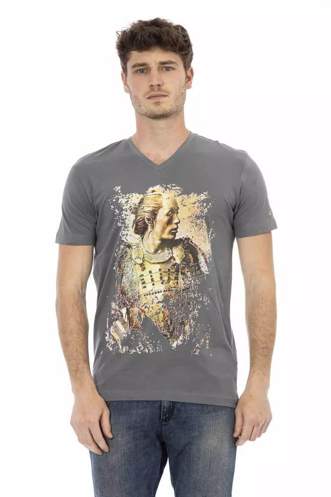 Trussardi Action Graues Herren-T-Shirt aus Baumwolle mit V-Ausschnitt
