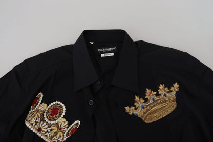 Dolce &amp; Gabbana – Slim Fit – Formelles Hemd mit schwarzer und goldener Krone