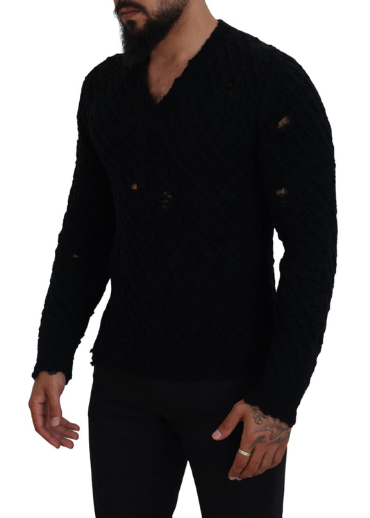 Dolce &amp; Gabbana Schwarzer Strickpullover aus Wolle mit V-Ausschnitt