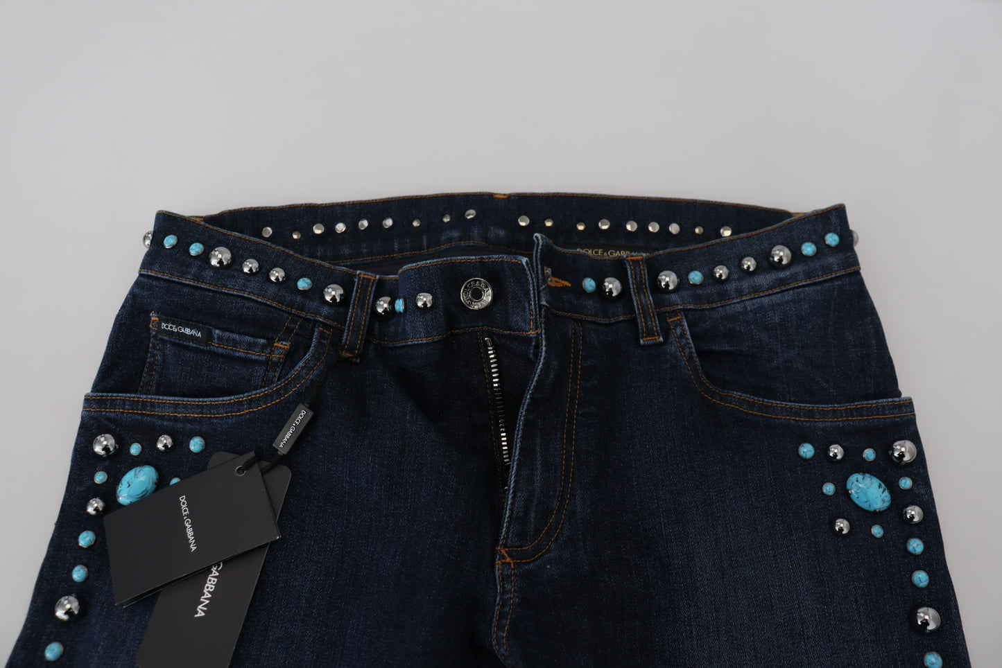 Dolce &amp; Gabbana – Blaue Jeans aus Baumwolle mit Nieten und niedriger Taille