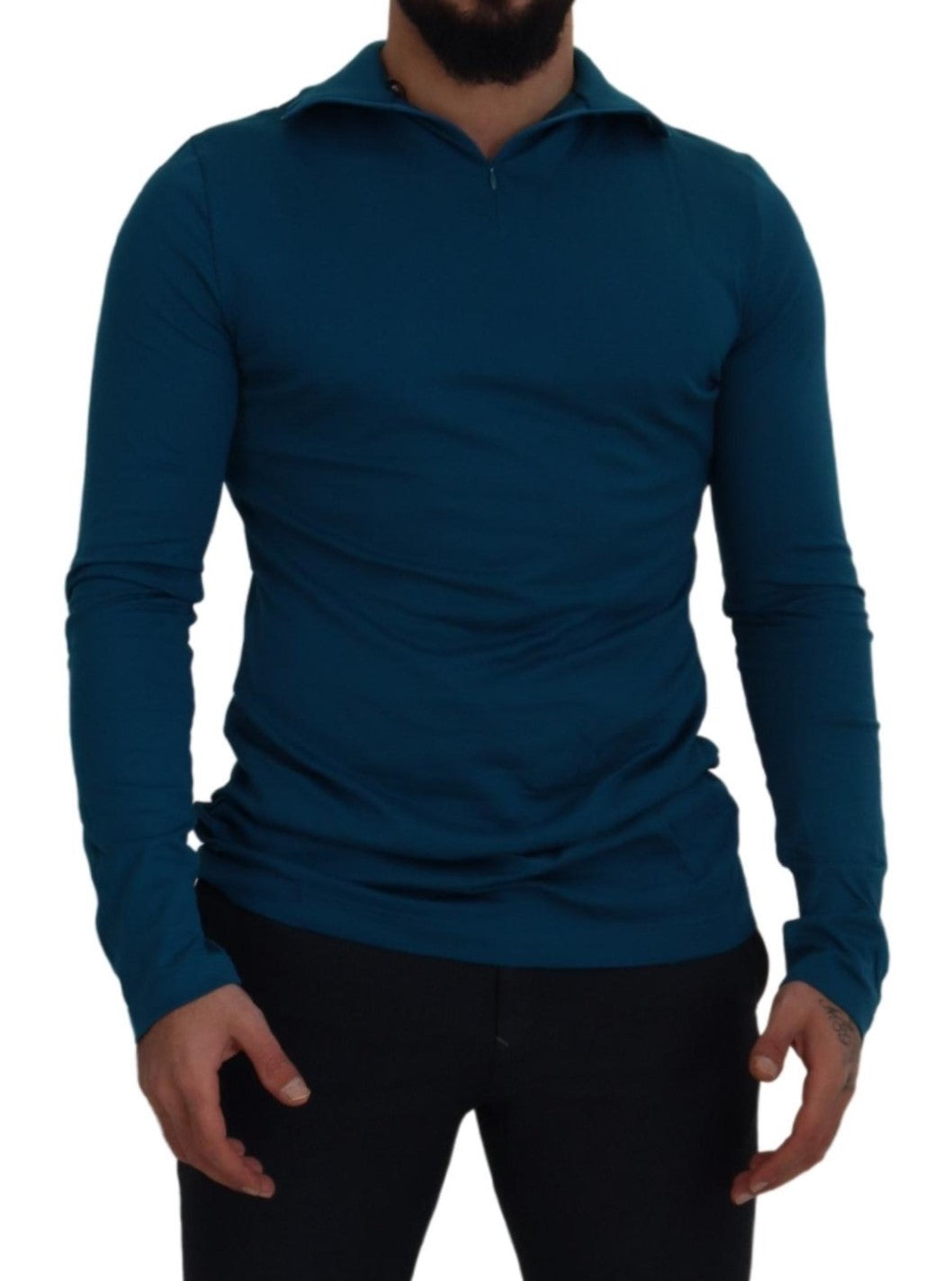 Dolce &amp; Gabbana – Schmaler Pullover aus Baumwolle mit Kragen in Blau