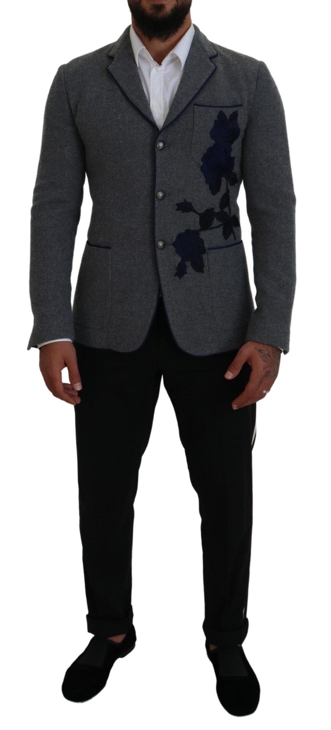 Dolce &amp; Gabbana – Slim Fit-Jackenblazer aus grauer Wolle mit Rosen
