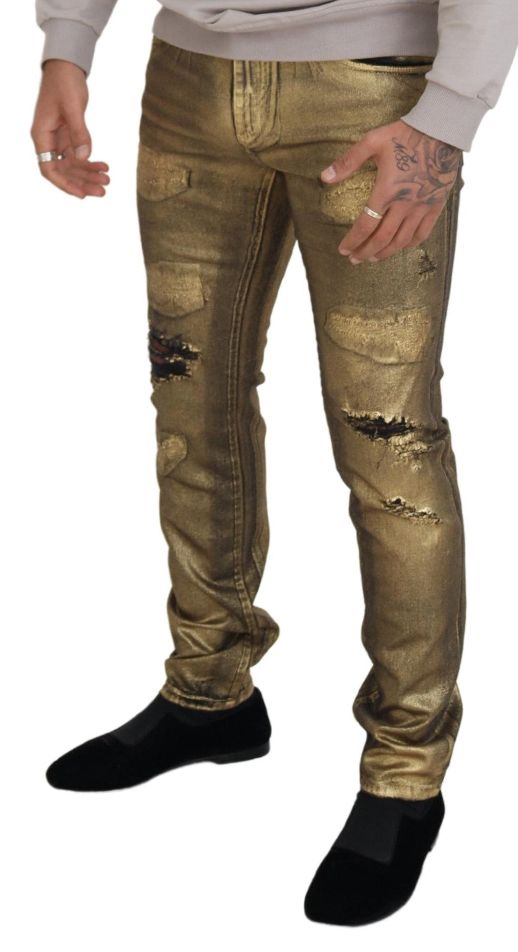 Dolce &amp; Gabbana – Zerfetzte Skinny-Jeans aus goldener Baumwolle für Herren