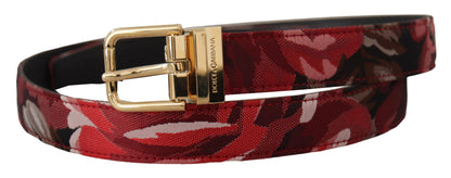 Dolce &amp; Gabbana – Roter Jacquard-Gürtel aus roséfarbenem Leder mit goldener Metallschnalle