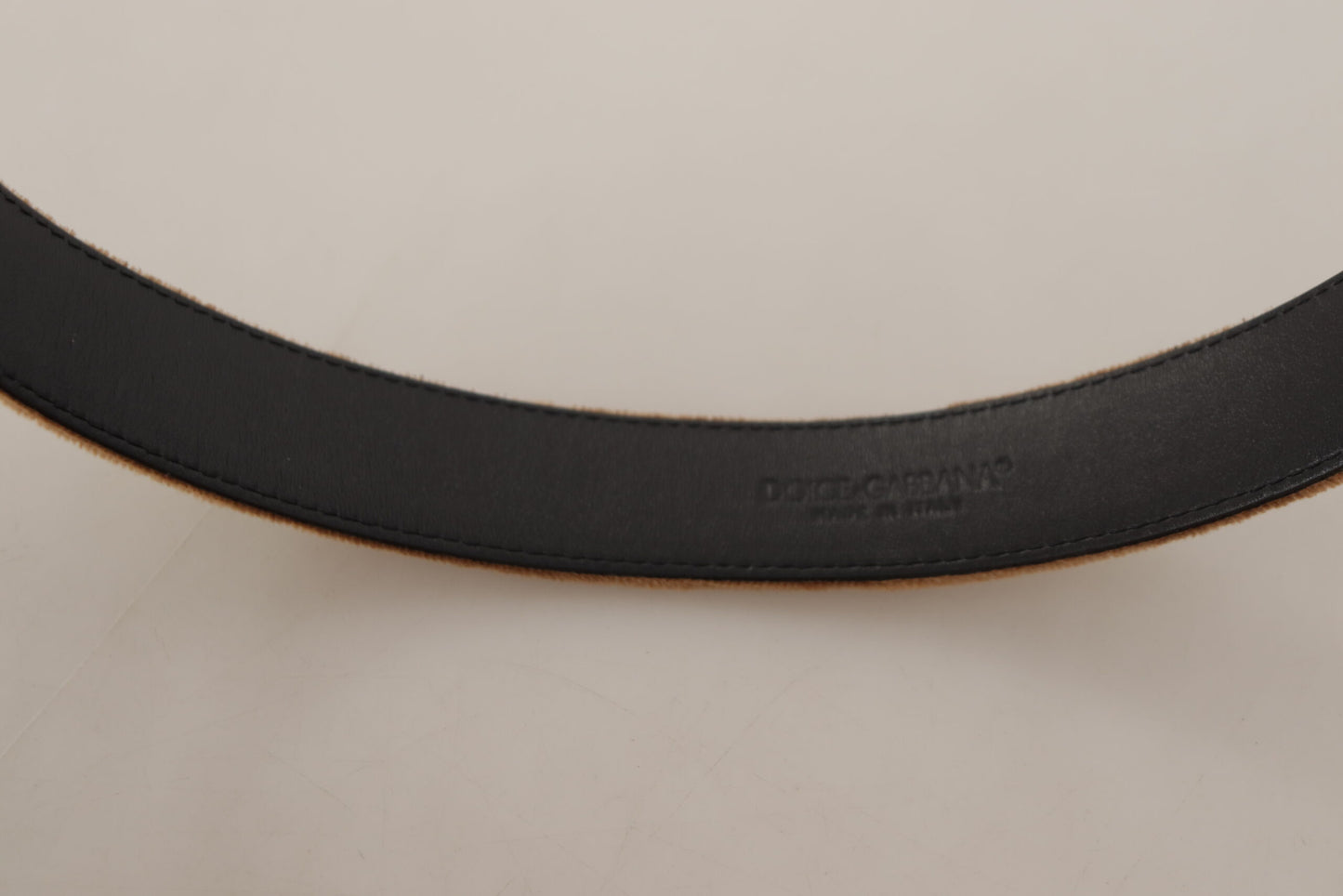 Dolce &amp; Gabbana Brauner Samtgürtel mit bronzefarbener Vintage-Logoschnalle aus Metall