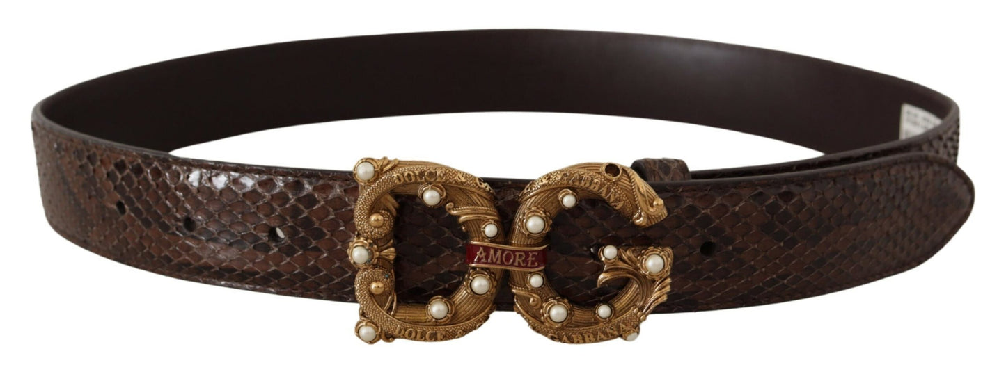 Dolce &amp; Gabbana Brauner Amore-Gürtel aus exotischem Leder mit Animal-Print und Logo-Schnalle