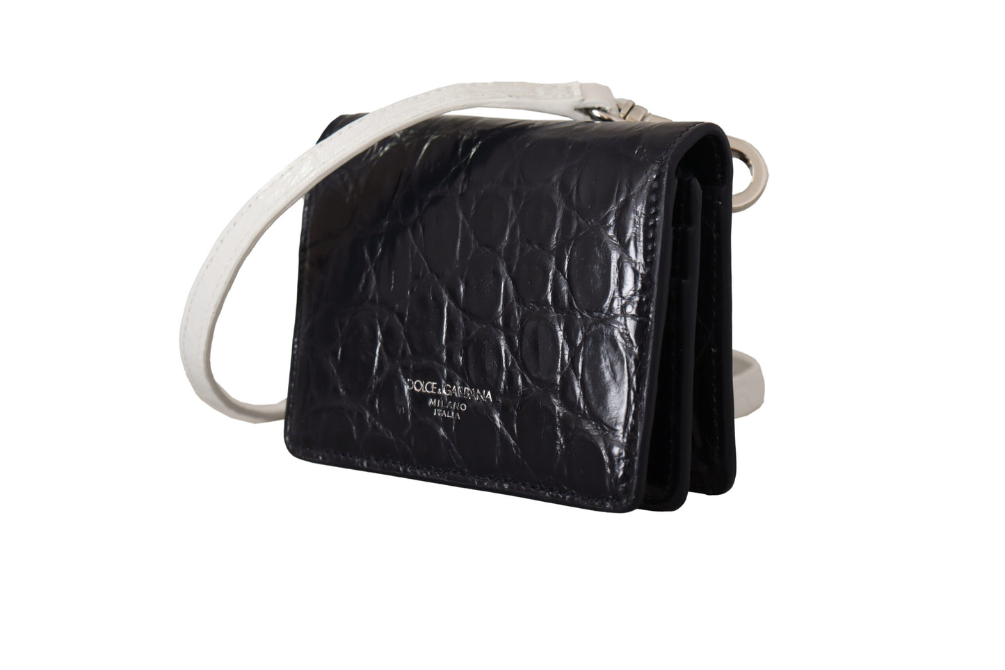 Dolce &amp; Gabbana Blau-weißes Kartenetui mit Caiman-Lederriemen