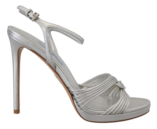 Prada Silberne Ledersandalen mit Knöchelriemen und Stilettoabsatz