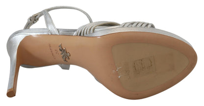 Prada Silberne Ledersandalen mit Knöchelriemen und Stilettoabsatz